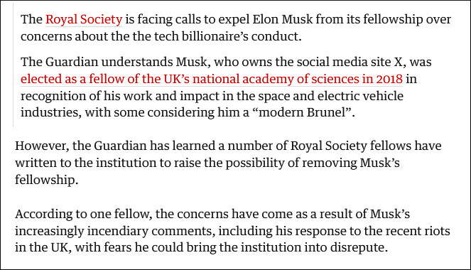 Elon Musk should be expelled from The Royal Society.